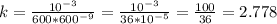 k= \frac{10 ^{-3} }{600*600 ^{-9} } = \frac{10 ^{-3} }{36*10 ^{-5} } = \frac{100}{36} =2.778