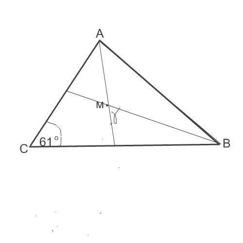 Один из углов треугольника равен 61 градус . найдите острый угол,образованный между сторонами и бисс