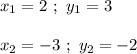 x_1=2 \ ; \ y_1 = 3 \\ \\ x_2=-3 \ ; \ y_2 = -2