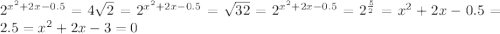 2^{x^2+2x-0.5} =4 \sqrt{2} = 2^{x^2+2x-0.5} = \sqrt{32} = 2^{x^2+2x-0.5} = 2^{\frac{5}{2}} = x^{2}+2x-0.5 = 2.5 = x^{2}+2x-3 = 0