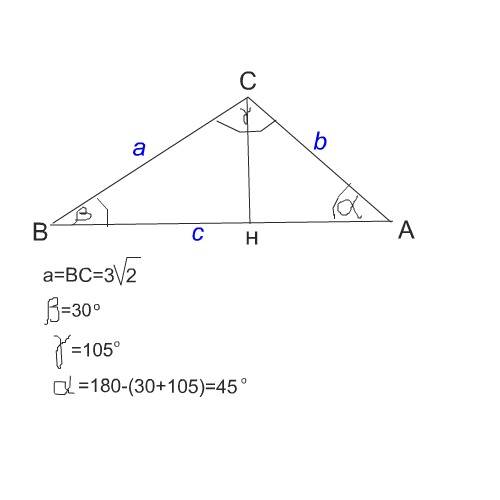 Решить подробно с чертежом.решите треугольник abc,если уголb=30(градусов),уголc=105(градусов),bc=3ко