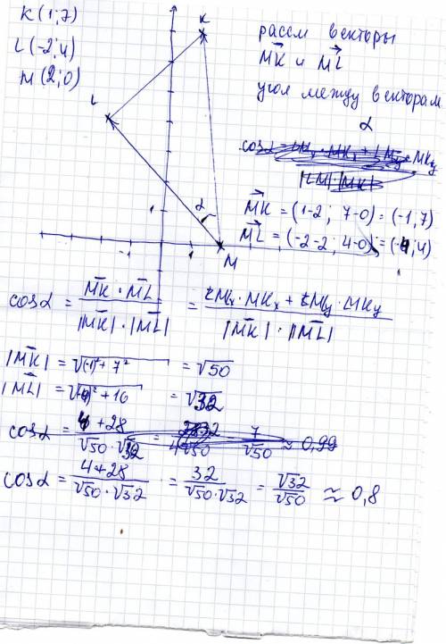 Решить подробно с чертежом.найдите косинус угла м треугольника klm,если k(1; 7),l(-2; 4).m(2; 0)/