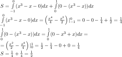 S=\int\limits_{-1}^0(x^3-x-0)dx+\int\limits_{0}^1(0-(x^3-x))dx\\ \int\limits_{-1}^0(x^3-x-0)dx=\left(\frac{x^4}4-\frac{x^2}2\right)|_{-1}^0=0-0-\frac14+\frac12=\frac14\\\int\limits_{0}^1(0-(x^3-x))dx=\int\limits_{0}^1(0-x^3+x)dx=\\=\left(\frac{x^2}2-\frac{x^4}4\right)|\limits_0^1=\frac12-\frac14-0+0=\frac14\\S=\frac14+\frac14=\frac12