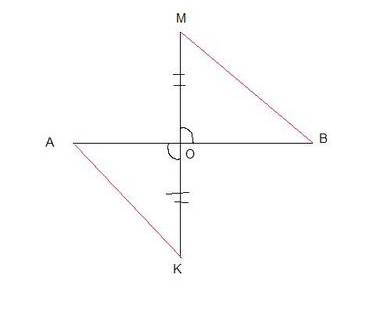 отрезки ab и mk пересекаются в точке o,которая является серединой отрезка mk,