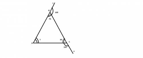 Втреугольнике авс внешние углы при вершинах в и с равны 105 градусов и 145 градусов. найдите градусн