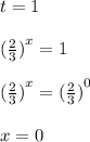 t = 1 \\ \\ {( \frac{2}{3} )}^{x} = 1 \\ \\ {( \frac{2}{3} )}^{x} = {( \frac{2}{3} )}^{0} \\ \\ x = 0