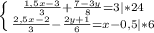 \left\{{{\frac{1,5x-3}{3}+\frac{7-3y}{8}=3|*24}\atop{\frac{2,5x-2}{3}-\frac{2y+1}{6}=x-0,5|*6}}\right.