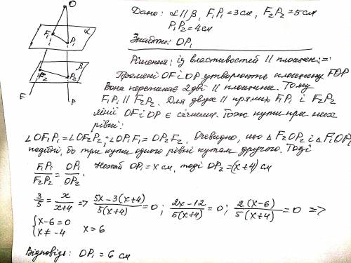 Два промені оf і ор перетинають паралельні площини αіβ в точках f1 i p1 та f2 і p2 відповідно. визна