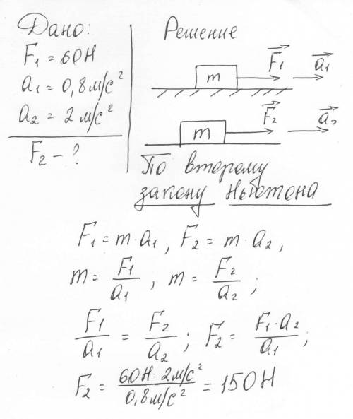 Ктелу приложена сила в 60 н и оно приобрело ускорение в 0,8 м/c. какая сила должна быть приложена к 