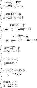 \left \{ {{x+y=437} \atop {x-23=y-37}} \right.\\\\\left \{ {{x = 437-y} \atop {x-23=y-37}} \right.\\\\\left \{ {{x = 437 - y} \atop {437-y-23=y-37}} \right.\\\\\left \{ {{x = 437 - y} \atop {-y - y = -37 - 437 + 23}} \right. \\\\\left \{ {{x = 437-y} \atop {-2y=-451}} \right.\\\\\left \{ {{x = 437 - y} \atop {y=225,5}} \right. \\\\\left \{ {{x = 437-225,5} \atop {y=225,5}} \right. \\\\\left \{ {{x=211,5} \atop {y=225,5}} \right.