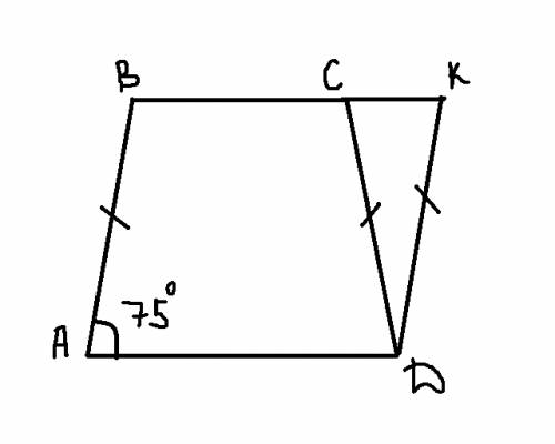 Угол а равнобедренной трапеции abcd равен 75 градусов. из точки d проведена прямая, которая пересека