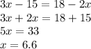 3x-15=18-2x\\3x+2x=18+15\\5x=33\\x=6.6