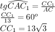 tg\widehat{CAC_1}=\frac{CC_1}{AC}\\\frac{CC_1}{13}=\tg60^o\\CC_1=13\sqrt3