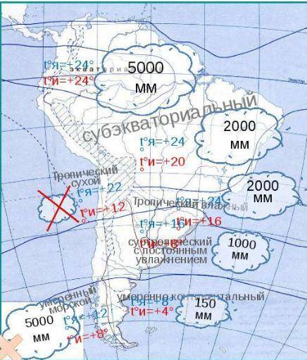 Обозначьте климатические пояса южной америки и подпишите основные показатели климата для каждого поя