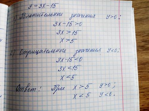 Это не трудно.при каком значении х функция заданна формулой у=3х-15 принимает положительные и отрица