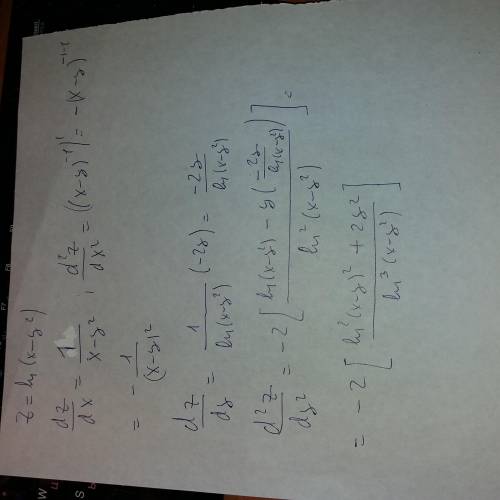 Вычислите частные производные первого и второго порядка функции z=ln(x-y^2)