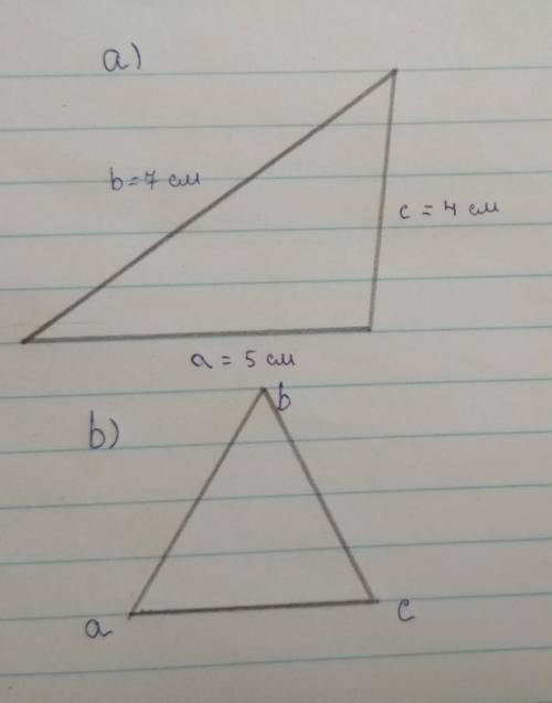 Постройте треугольник авс по трём сторонам: а=5см , b=7см, с=4см. b) постройте высоту с вершины в. 2