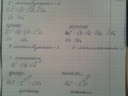 Составить структурные формулы изомера и гомолога этих вещ-в : 2 - метилбутанол-1 , пропаналь , пропа