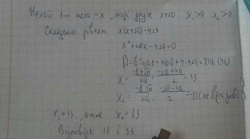 1.розв'язати : добуток двох додатних чисел дорівнює 429.одно з них на 20 більше за друге.знайти ці ч