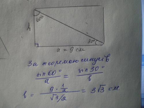 Сторона прямокутника дорівнює 9 см,і утворює з діагоналю кут 30 градусів.знайти другу сторону прямок