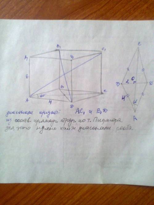 Восновании прямой призмы лежит ромб с острым углом 60 град. и стороной 4 см. найдите диагонали призм
