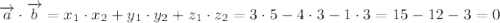 \overrightarrow{a}\cdot\overrightarrow{b}=x_1\cdot x_2+y_1\cdot y_2+z_1\cdot z_2=3\cdot5-4\cdot3-1\cdot3=15-12-3=0