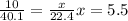 \frac{10}{40.1}=\frac{x}{22.4} x= 5.5 л