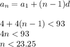 a_n=a_1+(n-1)d\\ \\ 4+4(n-1)<93\\ 4n<93\\ n<23.25