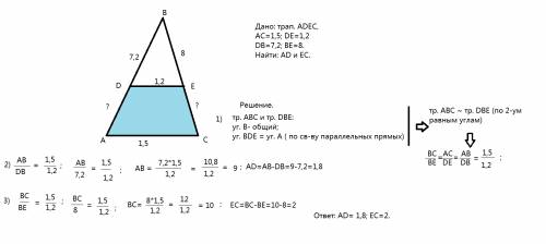 Боковые стороны трапеции с основаниями 1,5 и 1,2 см продолжены соответственно на 7,2 и 8 см до взаим