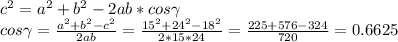 c^2 = a^2 +b^2 -2ab*cos\gamma\\ cos\gamma=\frac{a^2+b^2-c^2}{2ab} =\frac{15^2+24^2-18^2}{2*15*24}=\frac{225+576-324}{720}=0.6625