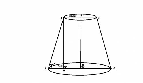 Знайти твірну зрізаного конуса, у якого радіуси основ дорівнюють 5 і 11 см, а кут між твірною і висо