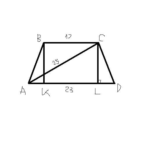 Найдите высоту равнобедренной трапеции, основания которой равны: 23см и 17 см, а диагональ - 25см.
