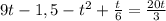 9t-1,5-t^2+\frac{t}{6}=\frac{20t}{3}