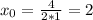 x_0= \frac{4}{2*1}= 2