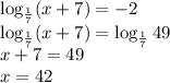 \log_\frac{1}{7}(x+7)=-2\\ \log_\frac{1}{7}(x+7)=\log_\frac{1}{7}49\\ x+7=49\\ x=42