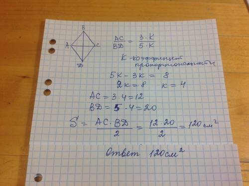 Диагонали ромба относятся как 3: 5,а их разность равно 8 см. найдите площадь ромба.