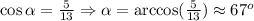 \cos\alpha=\frac5{13}\Rightarrow\alpha=\arccos(\frac5{13})\approx67^o