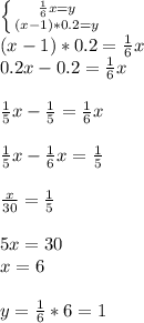 \left \{ {{\frac{1}{6}x = y} \atop {(x-1)*0.2=y}} \right.\\ (x-1)*0.2 = \frac{1}{6}x\\ 0.2x-0.2=\frac{1}{6}x \\ \\ \frac{1}{5}x-\frac{1}{5}=\frac{1}{6}x \\ \\ \frac{1}{5}x-\frac{1}{6}x=\frac{1}{5} \\ \\ \frac{x}{30}=\frac{1}{5} \\ \\ 5x = 30\\ x= 6\\ \\ y=\frac{1}{6}*6 = 1