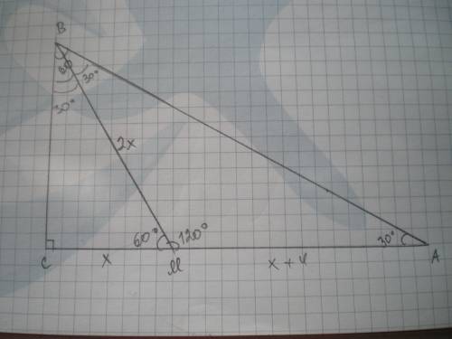 Впрямоугольном треугольнике abc угол c=90, угол a=30. биссектриса угла b пересекает катет ac в точке