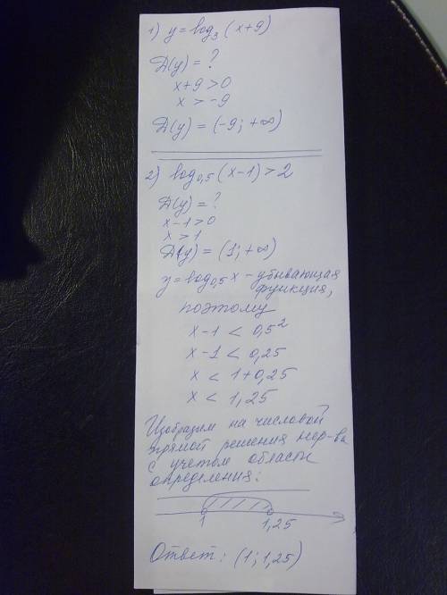 )1)у=log3(x+9) знайти d(y) 2)log0,5(x-1)> 2