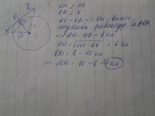 1) радиус окружности с центром в точке o равен 10 см, длина хорды ab равна 16 см. найдите расстояние