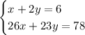 \begin{cases}x + 2y = 6 \\26x + 23y = 78\end{cases} 