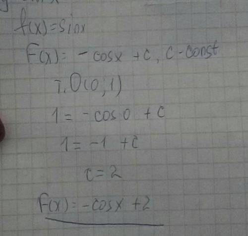 Для функції у=sin x знайти первісну f(x) графік якої проходить через точку о(0,1)