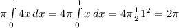 \pi \int\limits^1_0 {4x} \, dx = 4\pi \int\limits^1_0 {x} \, dx = 4\pi \frac{1}{2} 1^{2} = 2\pi