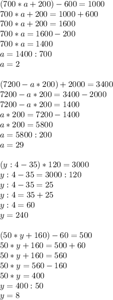 (700*a+200)-600=1000\\700*a+200=1000+600\\700*a+200=1600\\700*a=1600-200\\700*a=1400\\a=1400:700\\a=2\\\\(7200-a*200)+2000=3400\\7200-a*200=3400-2000\\7200-a*200=1400\\a*200=7200-1400\\a*200=5800\\a=5800:200\\a=29\\\\(y:4-35)*120=3000\\y:4-35=3000:120\\y:4-35=25\\y:4=35+25\\y:4=60\\y=240\\\\(50*y+160)-60=500\\50*y+160=500+60\\50*y+160=560\\50*y=560-160\\50*y=400\\y=400:50\\y=8