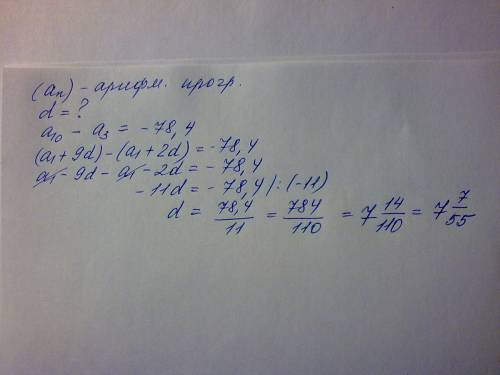 Найдите разность арифметической прогрессии, если a10-a3=-78,4