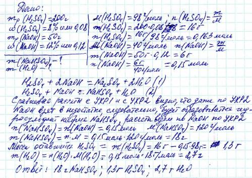 К200г 8% раствора серной кислоты прилили 50г 12% раствора гидрооксида натрия какова масса получивших