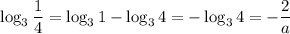 \log_3 \dfrac{1}{4} =\log_31-\log_34=-\log_34=- \dfrac{2}{a} 