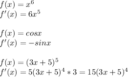 f(x)=x^6\\f'(x)=6x^5\\\\f(x)=cosx\\f'(x)=-sinx\\\\f(x)=(3x+5)^5\\f'(x)=5(3x+5)^4*3=15(3x+5)^4