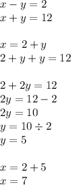 x - y = 2 \\ x + y = 12 \\ \\ x = 2 + y \\ 2 + y + y = 12 \\ \\ 2 + 2y = 12 \\ 2y = 12 - 2 \\ 2y = 10 \\ y = 10 \div 2 \\ y = 5 \\ \\ x = 2 + 5 \\ x = 7